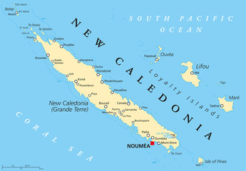 New Caledonia political map with capital Noumea. Special collectivity of France in Pacific Ocean. Archipelago with main Island Grand Terre and Loyalty Islands. English labeling. Illustration. Vector.
