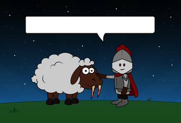 A little knight strokes a sheep at night, which has long teeth like a vampire