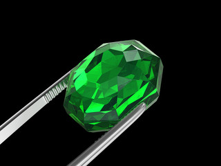 Emerald Seen close up with tweezers, 3D illustration