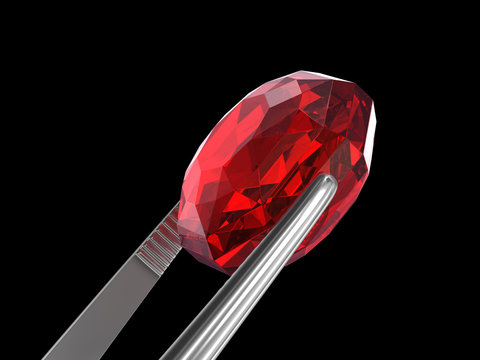 Ruby Seen close up with tweezers, 3D illustration