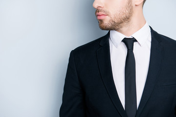Cropped closeup side profile view photo of serious strict professional handsome man with beard, wearing dark luxurious suit white shirt turning face to copy-space, isolated on gray background