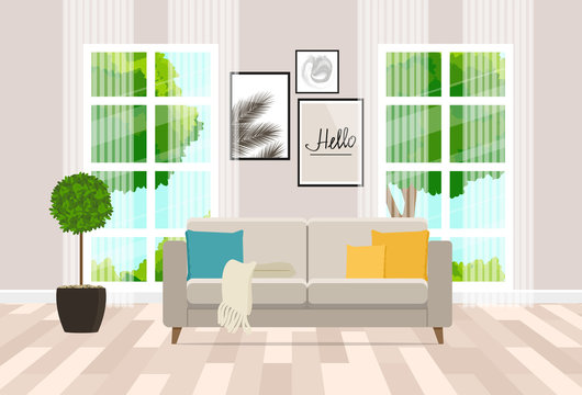Interior design of the living room with modern furniture. Vector flat illustration.