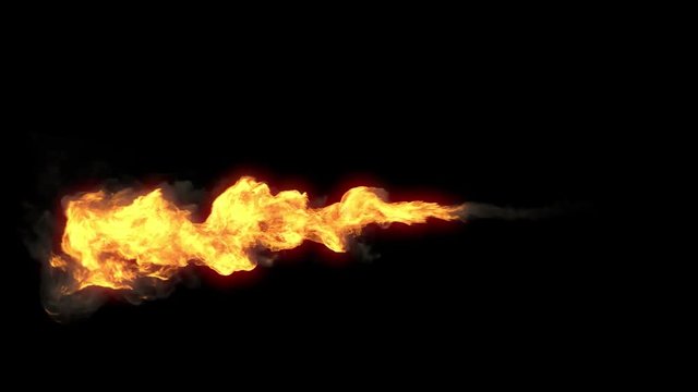 Animated realistic stream of fire like flamethrower shooting or fire-breathing dragon's flames. High quality footage with alpha channel in HD resolution.