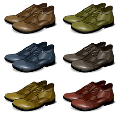 Set of men's stylish leather shoes of different colors. Vector illustration.