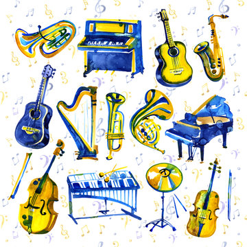 Watercolor musical instruments set. All kinds of instruments like piano, saxophone, trumpet, drums and others.