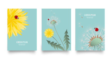 Floral vector set of posters, cards with dandelion. Vintage retro templates for flyers, invitation design. Spring or summer bright background with yellow flower, seed head and cute ladybug on blue © T.K.Studio
