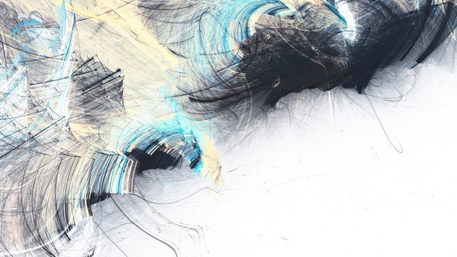 Abstract bright motion composition. Modern futuristic dynamic background. Blue, yellow and white color artistic pattern of paints. Fractal artwork for creative graphic design