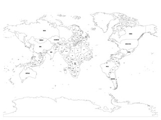 Fototapeta na wymiar Horizontally flipped political map of World. Mirror reflection. Thin black outline vector illustration