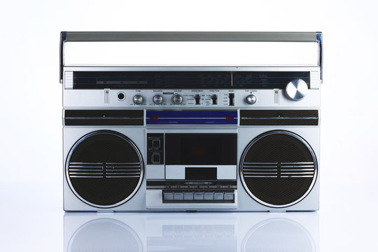 Stylish retro boombox on white