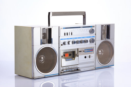 Stylish retro boombox on white