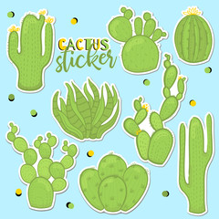 Fun patch cactus set. Print pin, badge, sticker, collection. Cactus vector illustration