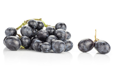 Black grape cluster (autumn royal variety) and two purple berries isolated on white background.