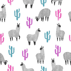 Seamless pattern with cute watercolor llama and cactus. Vector background.