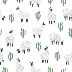Seamless llama and cactus pattern. Vector background. © Afanasia