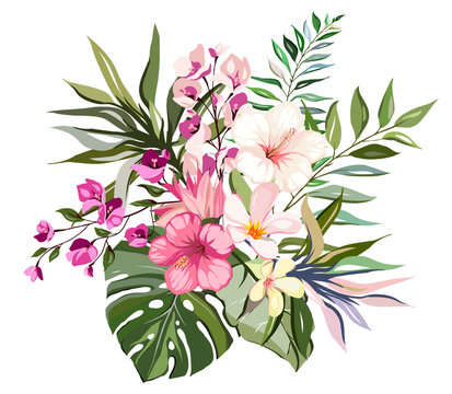 Tropical vector flowers. card with floral illustration. Bouquet of flowers with exotic Leaf isolated on white background. composition for invitation to party or holiday