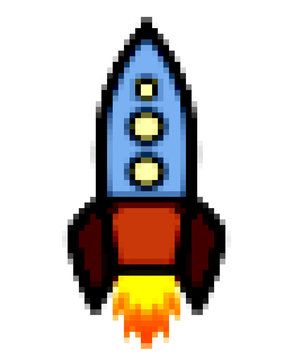 Pixel art: a retro rocket ship travelling into space.
