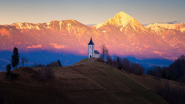 The Church of St. Primoz, Jamnik, at sunset, Slovenia