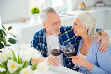 Lovely cheerful stylish attractive romantic couple sitting in the kitchen clinking glasses with red wine looking at each other enjoying time together, handsome man hugging his beautiful lover