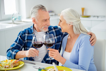 Lovely cheerful attractive sweet stylish couple having fun, date enjoying time together indoor, in dining room, looking at each other, clinking glasses with alcohol, holding red wine in hands