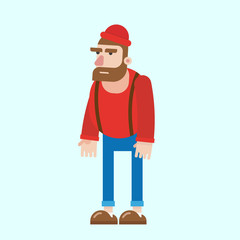 Big Fat Bearded Woodcutter Lumberjack with Red Hat, Shirt and Brown Boots. Strong Man. Funny Flat Colorful Rounded Male Cartoon Character.