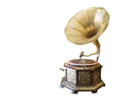 Old retro gramophone isolated over white