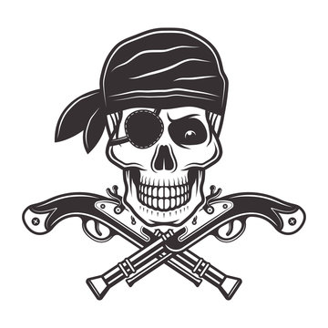 Pirate skull in bandana and two crossed pistols