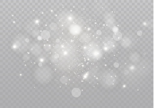White sparks and golden stars glitter special light effect. Vector sparkles on transparent background. Christmas abstract pattern. Sparkling magic dust particles.