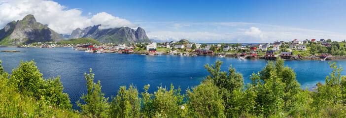Beautiful scandinavian landscape with mountains and fjords. Panorama view of Reine village on...