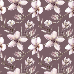 Hand painted watercolor floral pattern pink purple colors seamless frangipani magnolia plumeria - 203376795