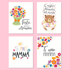 Fototapeta na wymiar Set of Mothers Day cards templates with hand written lettering quotes in Italian, cute bear with flowers, hearts, childish drawings. Vector illustration. Design concept banner, postcard, gift tag.