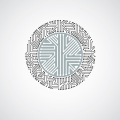 Futuristic cybernetic scheme, vector motherboard black and white illustration. Circular element with circuit board texture.