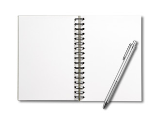 Blank open spiral notebook and pen isolated on white