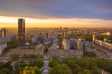 Fototapeta na wymiar Warsaw, Poland-April 2018: center of the Polish capital, Warsaw. Sunset sky