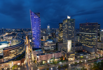 modern skyscrapers in the center of the Polish capital, Warsaw. Stormy sky