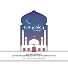 Ramadan Kareem islamic greeting card design with 3D dome mosque element in door or window with paper cut style . background Vector illustration.