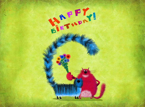 Blue And Red Cats Friends Wishing Happy Birthday