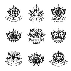 Royal symbols, Flowers, floral and crowns, emblems set. Heraldic vector design elements collection. Retro style label, heraldry logo.