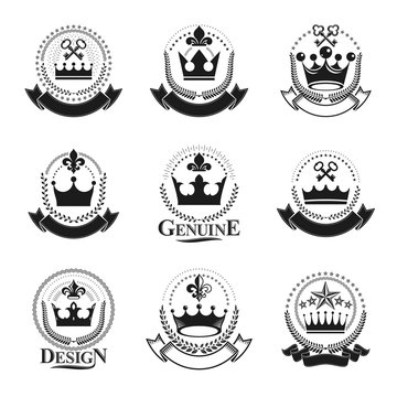 Royal Crowns emblems set. Heraldic Coat of Arms decorative logos isolated vector illustrations collection.