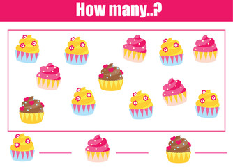 Counting educational children game, math kids activity sheet. How many objects task. Learning mathematics, numbers, addition theme with cupcakes