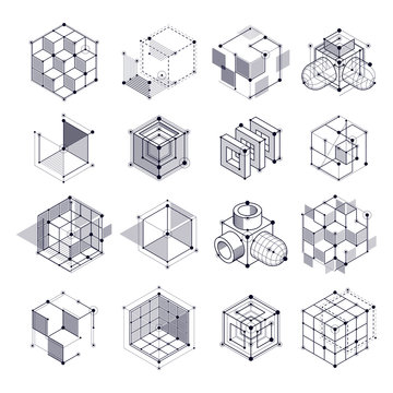 Geometric technology vector black and white drawings set, 3D technical wallpaper. Illustration of engineering system, abstract technological backdrop. Abstract technical background.