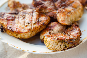 Grilled steak at the campsite lies in a white plate on the table