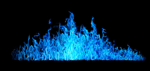long bright blue flame isolated on black