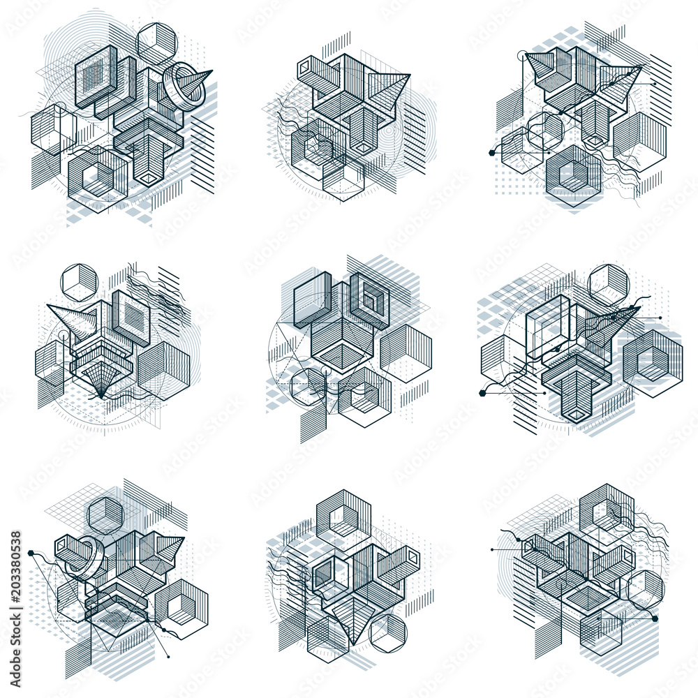 Poster abstract isometrics backgrounds, 3d vector layout. compositions of cubes, hexagons, squares, rectang