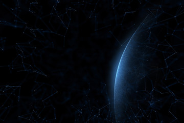 Futuristic network cyberspace sphere with sunlight reflection copy space illustration background. View from space.