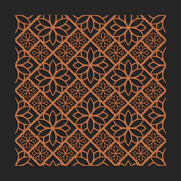 Laser cutting interior panel. Woodcut vector trellis design. Plywood lasercut floral tiles. Square seamless patterns for printing, engraving, paper cut. Stencil lattice ornament.