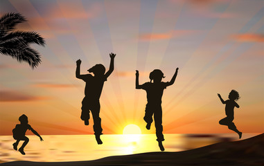 four jumping child silhouettes at sunset near sea