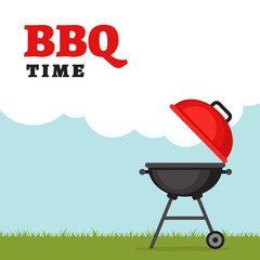 Bbq party background with grill and fire. Barbecue poster. Flat style, vector illustration. - obrazy, fototapety, plakaty