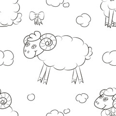 Fuzzy sheep flying in the clouds. Seamless pattern background. Vector illustration.