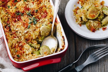 Baked brussel sprout gratin with a bacon and bread crumbs