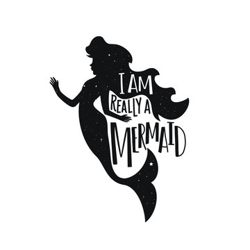 Vector illustration with long hair mermaid silhouette and lettering quote - Mermaid at Heart.